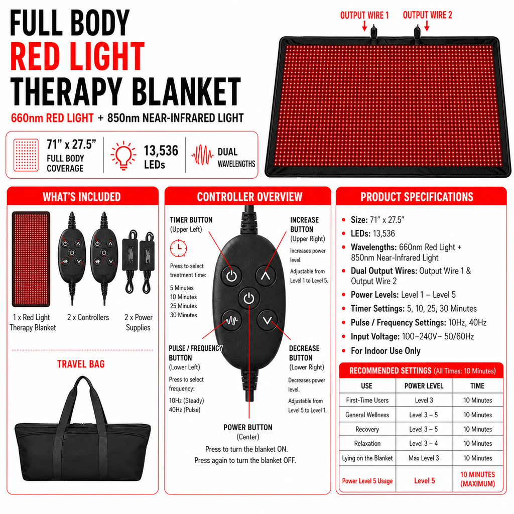 Red Light Therapy Blanket – Full Body Coverage | 660nm + 850nm Dual Wavelengths | 13,536 LEDs